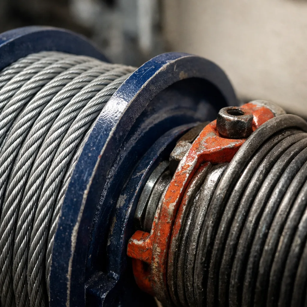 Close-up of a new galvanized lift cable seated on a cable drum next to a torsion spring, bright garage light
