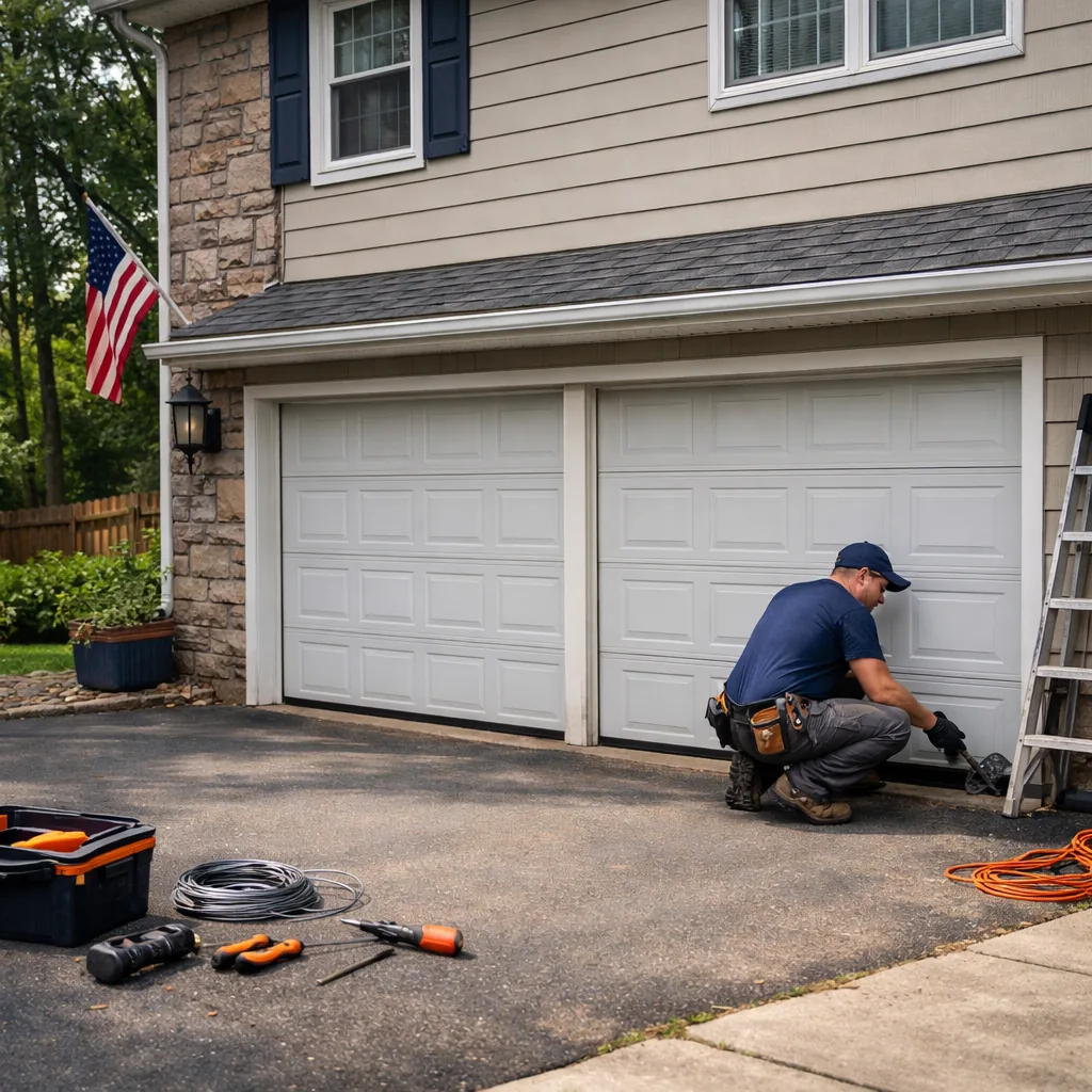 Wide view of a suburban North Jersey home with a two-car garage, a technician in plain workwear kneeling at the base of the closed garage door checking the bottom bracket and cable