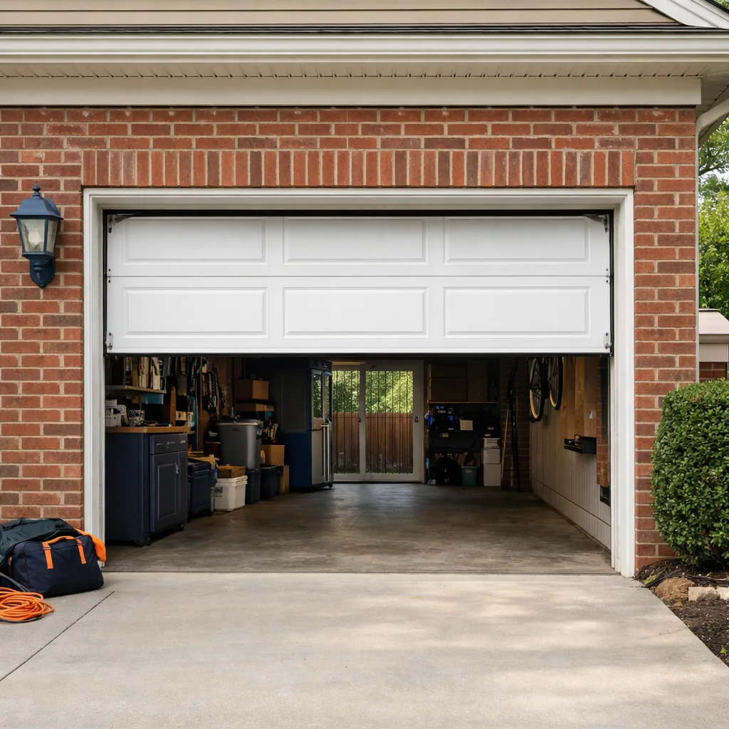 A repaired white sectional garage door on a brick-front suburban house, fully raised, level and square in its opening, clean driveway, daylight