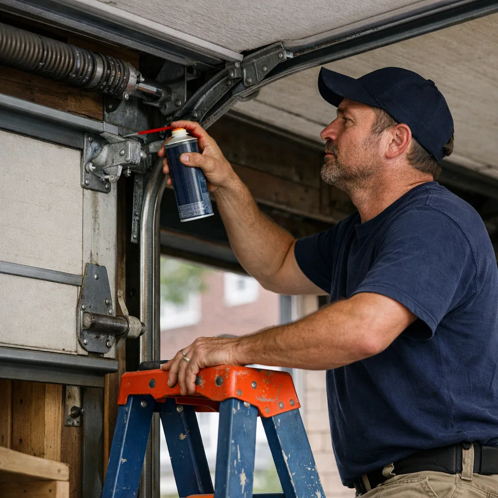 A technician in plain workwear lubricating the hinges and rollers of a garage door from a stepladder, spray applicator in hand