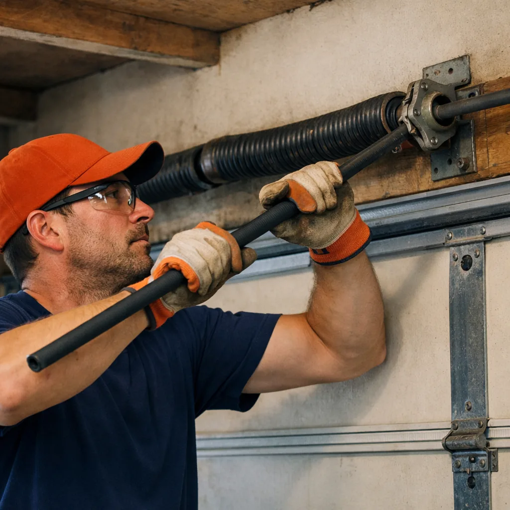 A technician in plain workwear using a winding bar to adjust a torsion spring above a garage door, shown from inside the garage, both hands on the bar, safety glasses on
