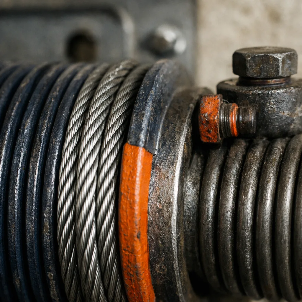 Close-up of a lift cable seated correctly on a drum beside a torsion spring