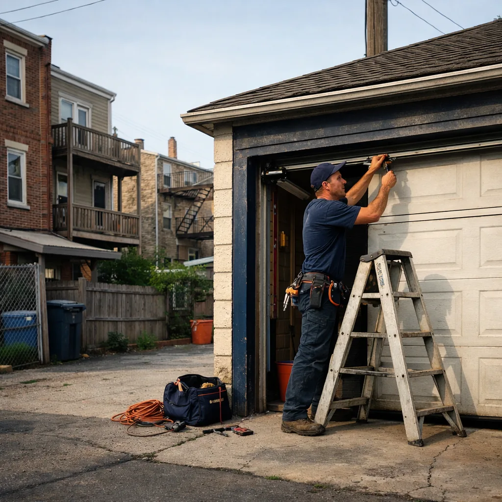 A technician in plain workwear repairing the track of a sectional garage door on a rear garage behind a brick two-family home