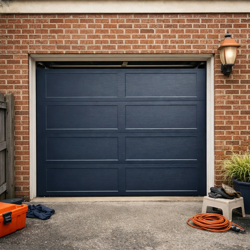 A repaired garage door on a brick home standing straight and closed, with track and rollers aligned