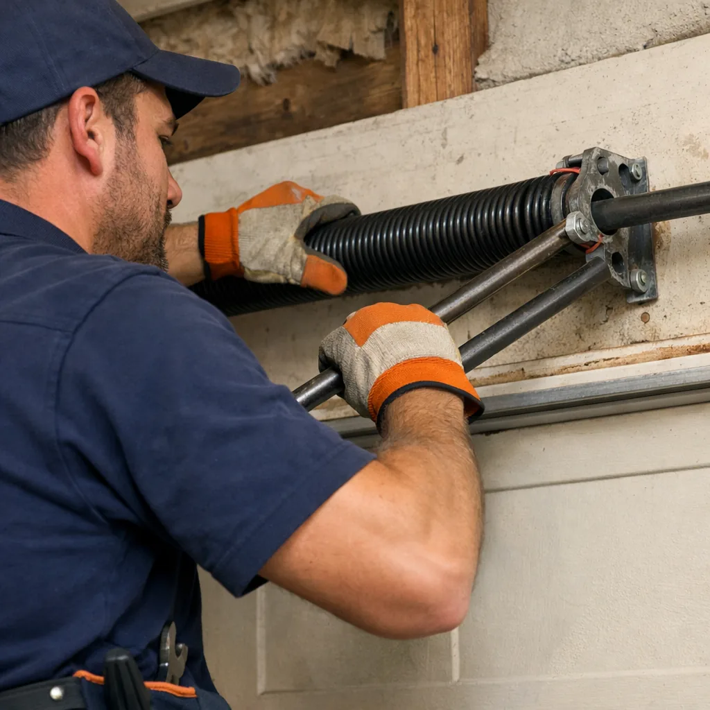A technician winding a new torsion spring on a residential garage door with winding bars