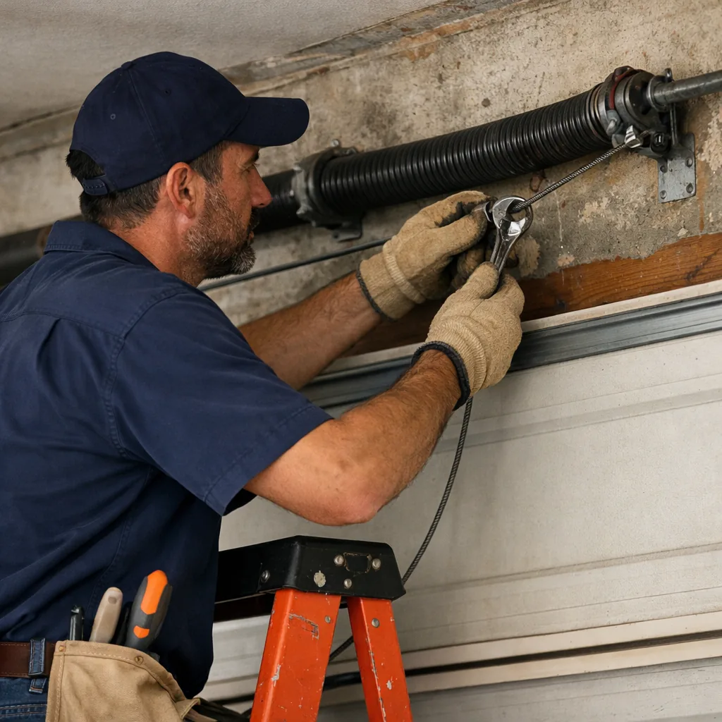 A technician on a stepladder examining a garage door cable and torsion spring above the closed opening