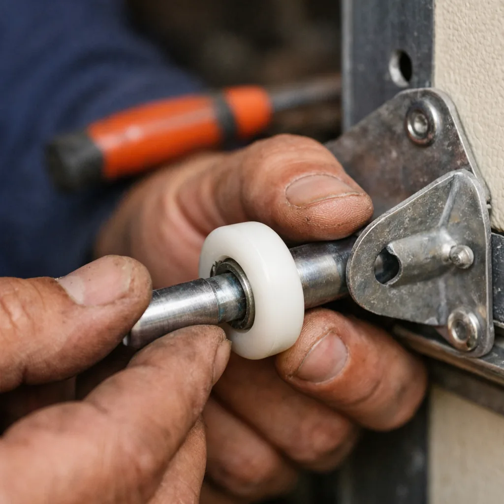 A close-up of a technician's hands fitting a new nylon roller into a garage door hinge