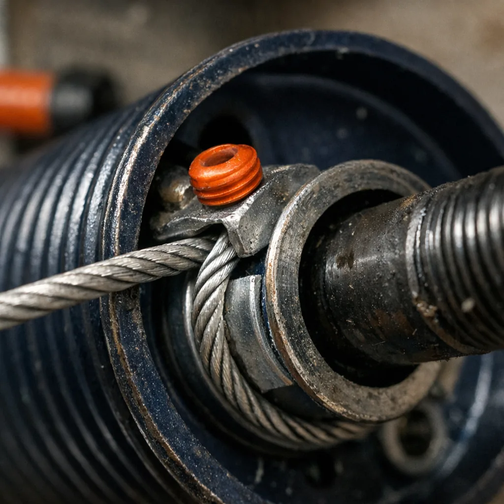 A close-up of a new lift cable seated in its drum at the end of a torsion shaft