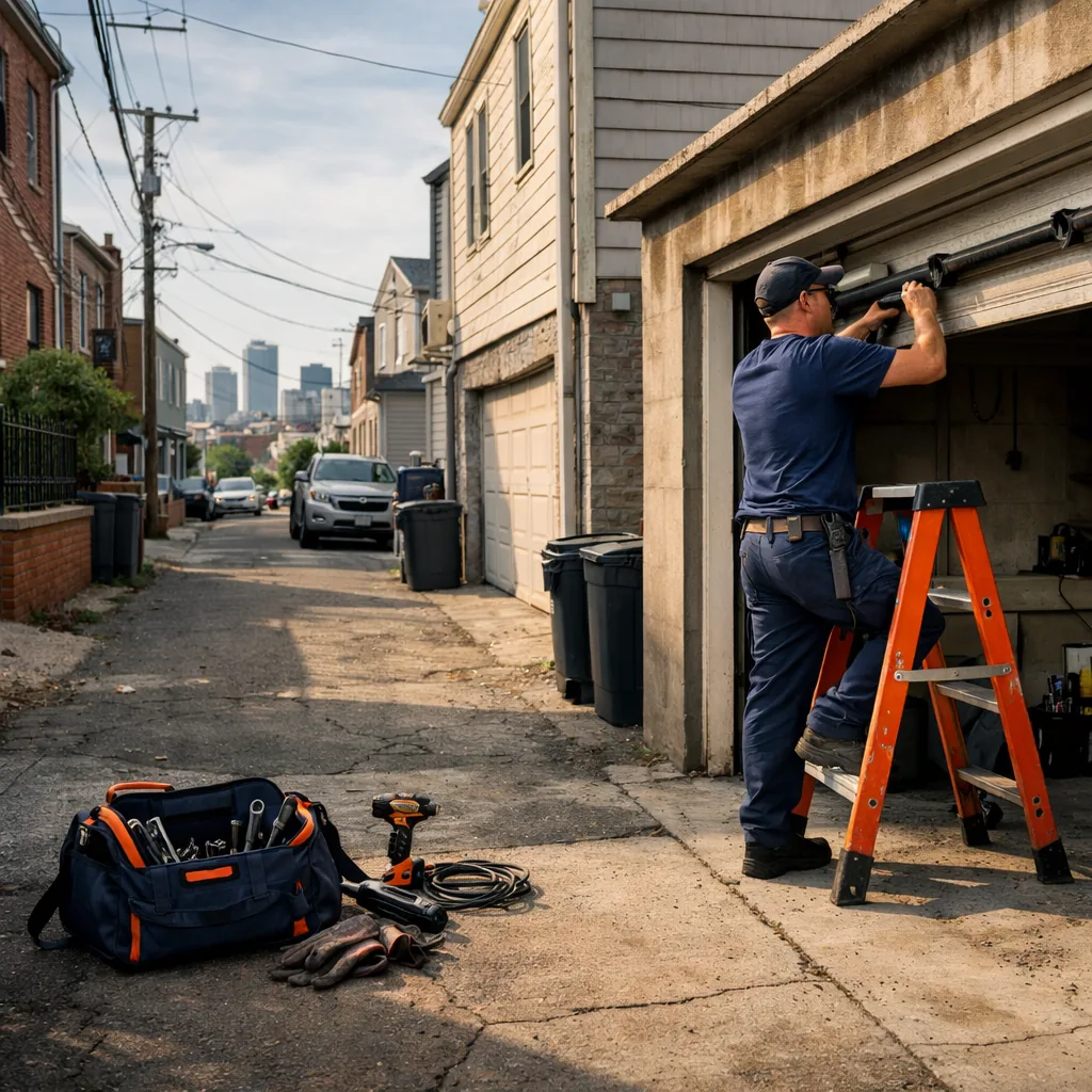 A technician in plain workwear working on a garage door in a narrow city driveway lined with attached houses