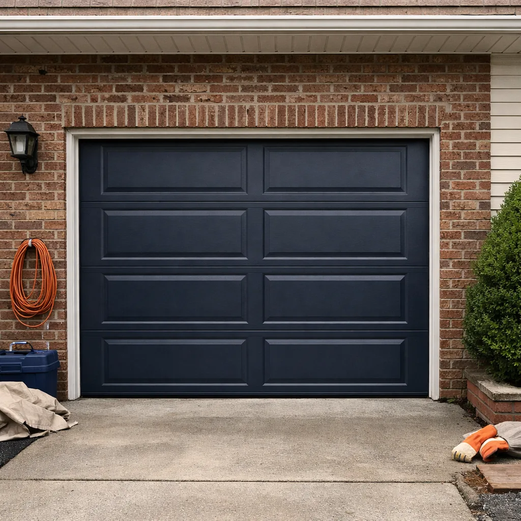 A repaired residential garage door closed and level at the front of a brick attached house with a short driveway
