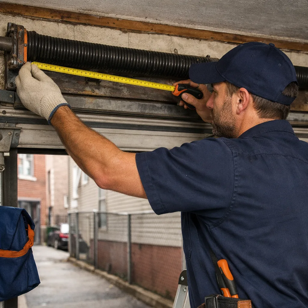 A technician in plain workwear measuring a torsion spring above a sectional garage door in a short city driveway
