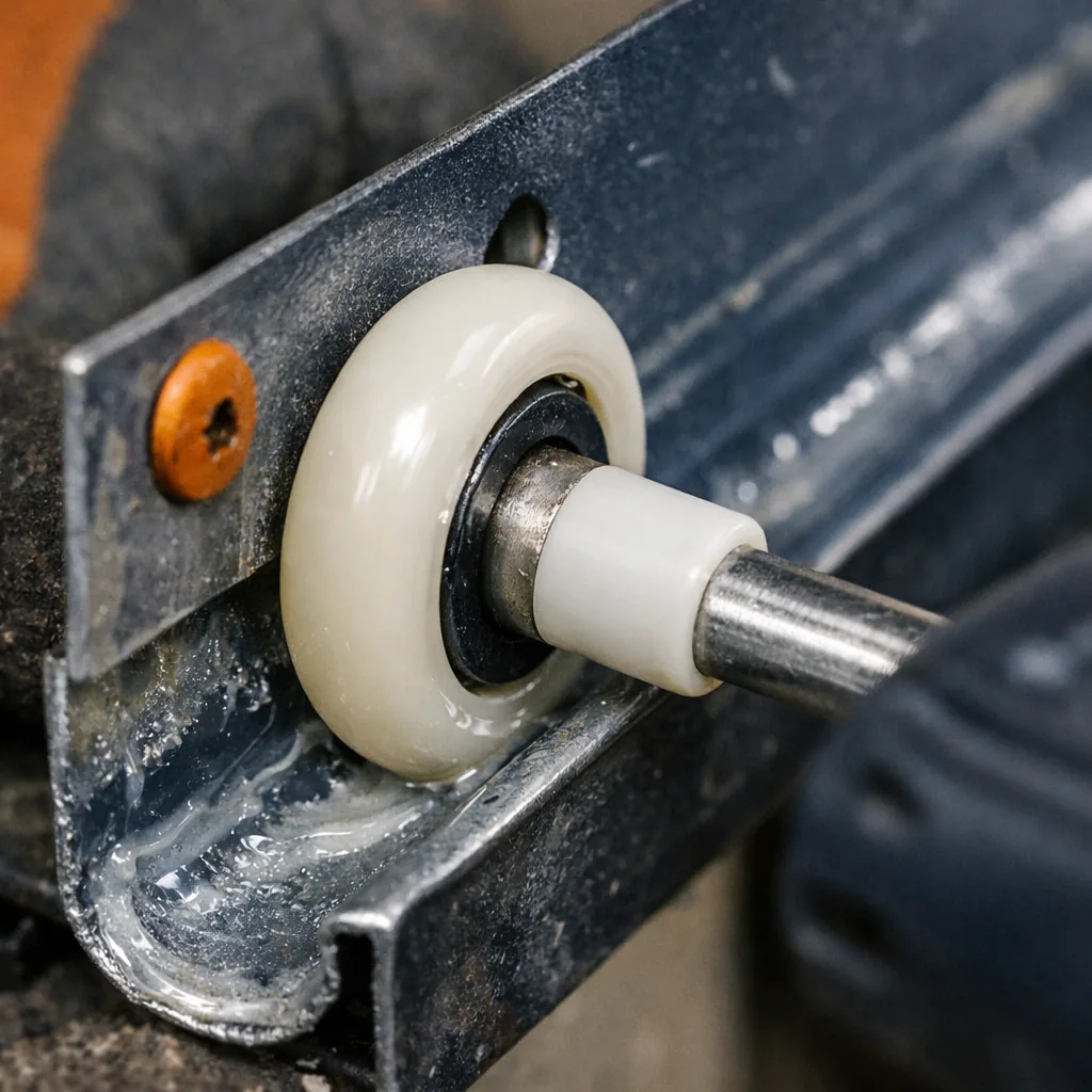 Close-up of new nylon-stemmed rollers seated in a garage door track with fresh lubricant