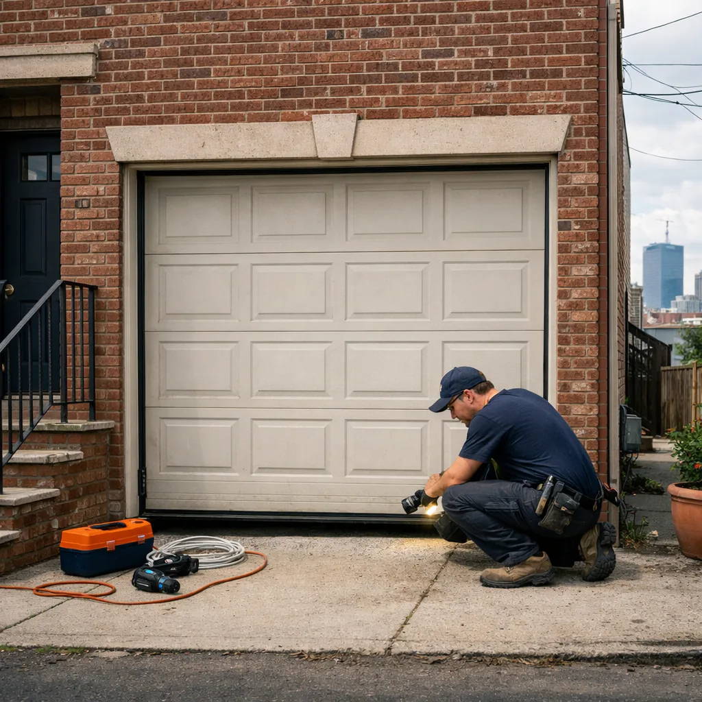 A technician in plain workwear examining the bottom bracket and cable of a closed garage door at the front of a narrow brick-faced urban house