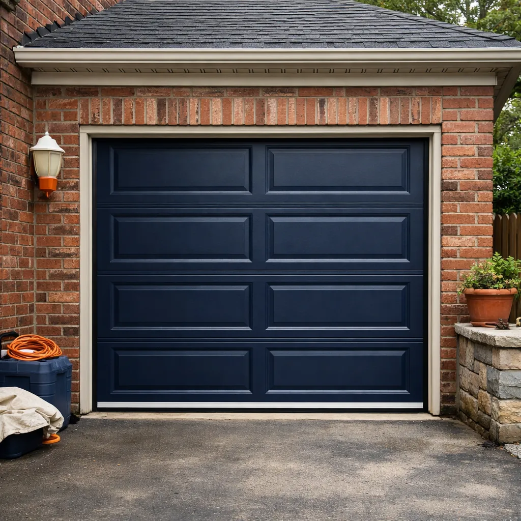A repaired garage door on an attached brick garage, closed and level with a clean bottom seal