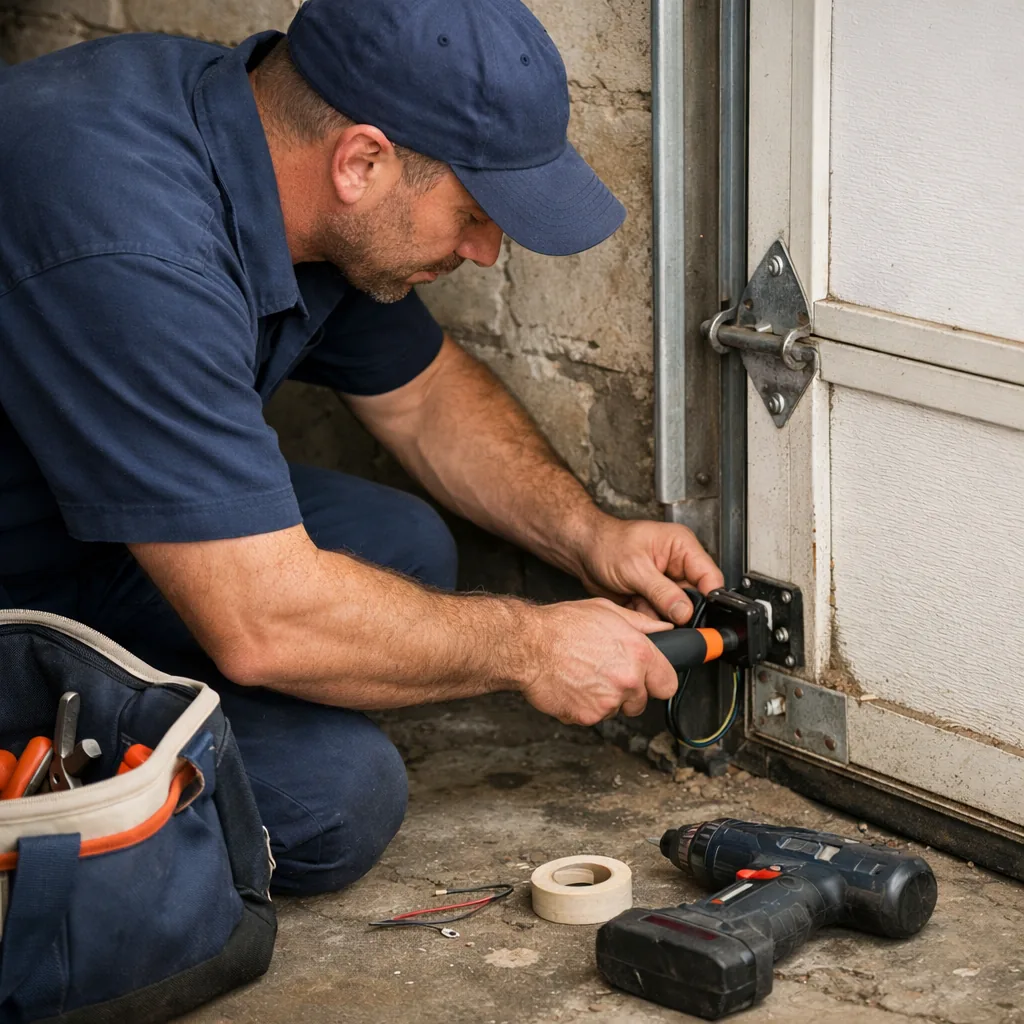 A technician in plain workwear aligning a safety photo-eye sensor near the floor beside a garage door