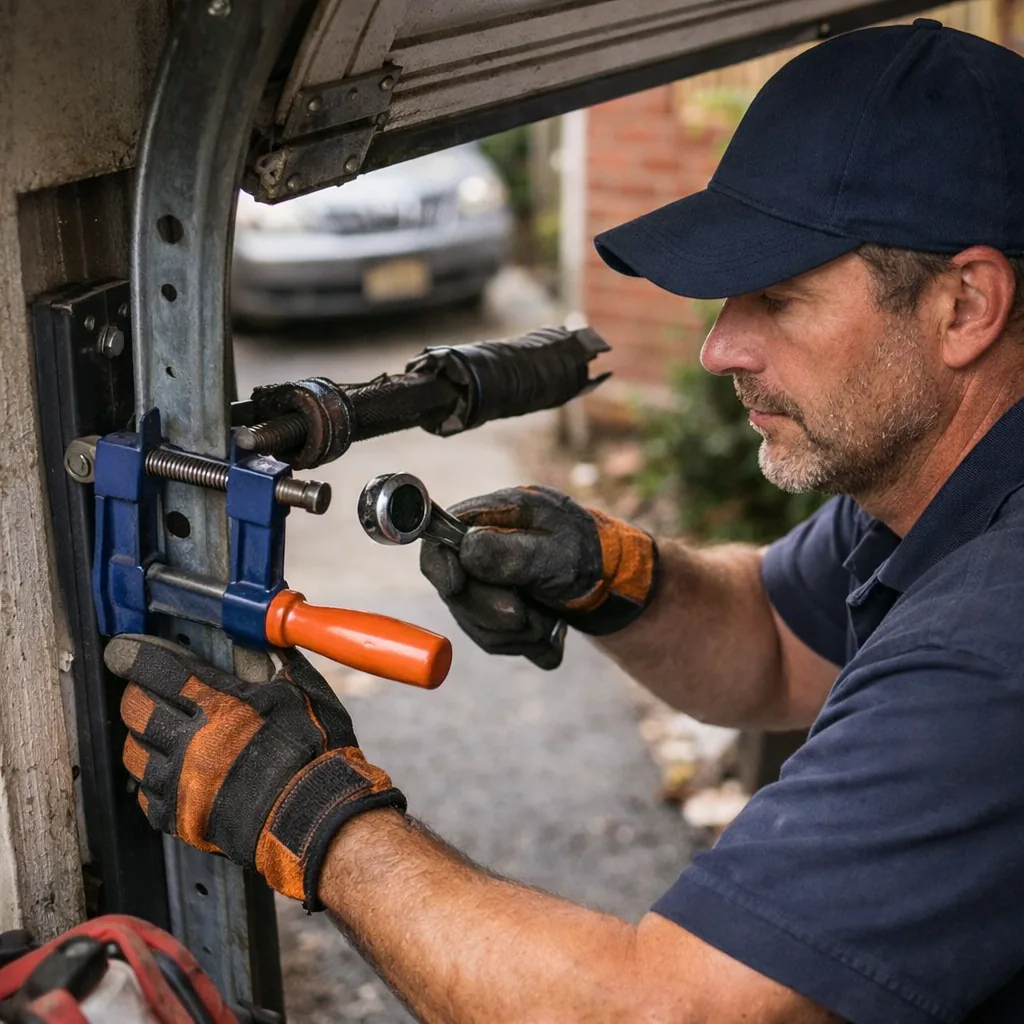 A technician in plain workwear bracing a garage door with a clamp at the track before replacing a broken part, narrow driveway visible