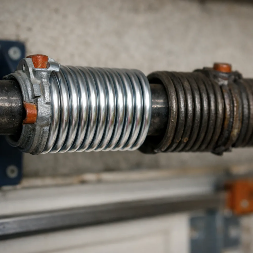 Close-up of two torsion springs on a single shaft above a wide garage door, one new and bright, one older and darker, side by side