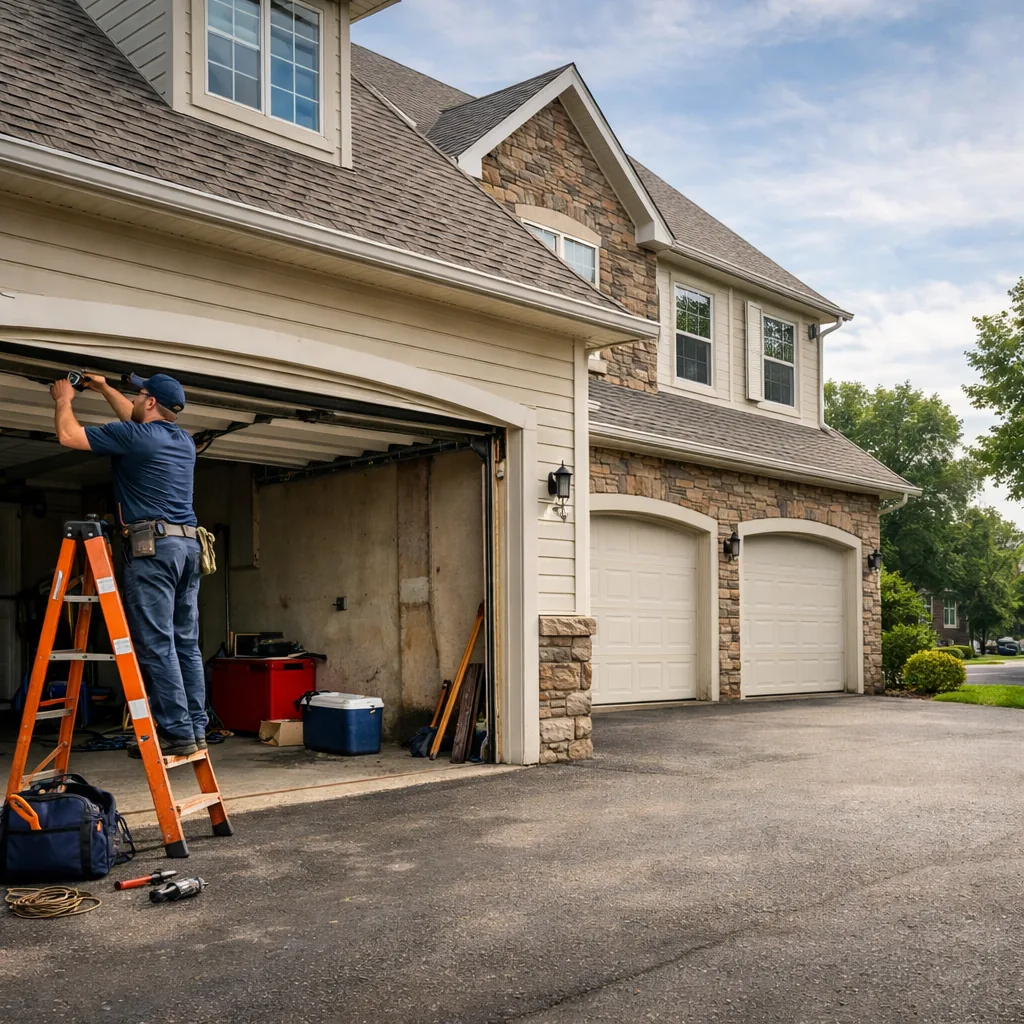 Wide view of a large suburban house with a three-car garage and one door open, a technician in plain workwear on a stepladder inspecting the header hardware, tree-lined residential street, daylight