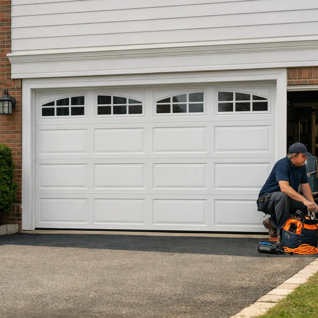A wide double garage door in a colonial-style house, panels level and closed, a technician packing up tools in the background, daylight