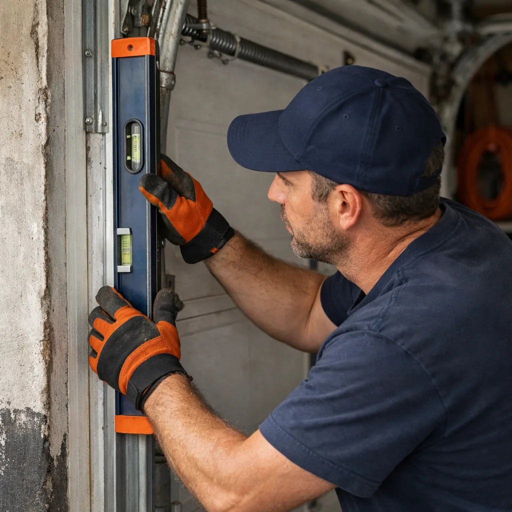 A technician in plain workwear checking the alignment of a vertical track with a level against the garage door jamb