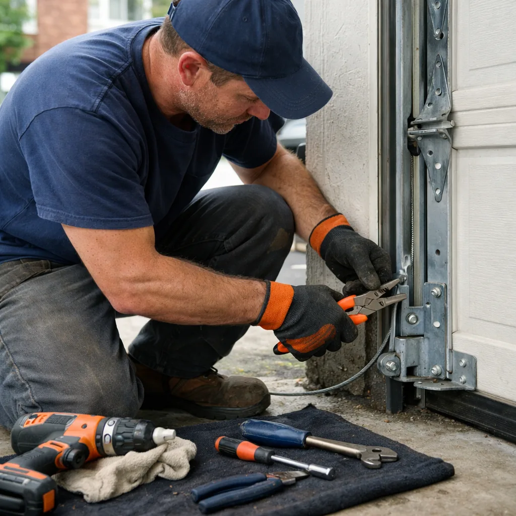 A technician in plain workwear adjusting a garage door lift cable at the bottom corner bracket of a wide double garage door, tools on a mat, daylight from the open door