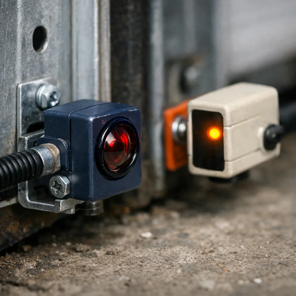 Close-up of garage door photo-eye sensors mounted at the base of the track, aligned and clean