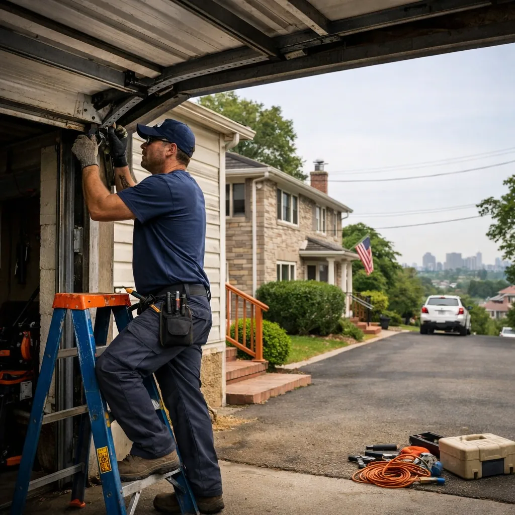 A technician in plain workwear adjusting the track of a two-car garage door at a suburban house with a driveway