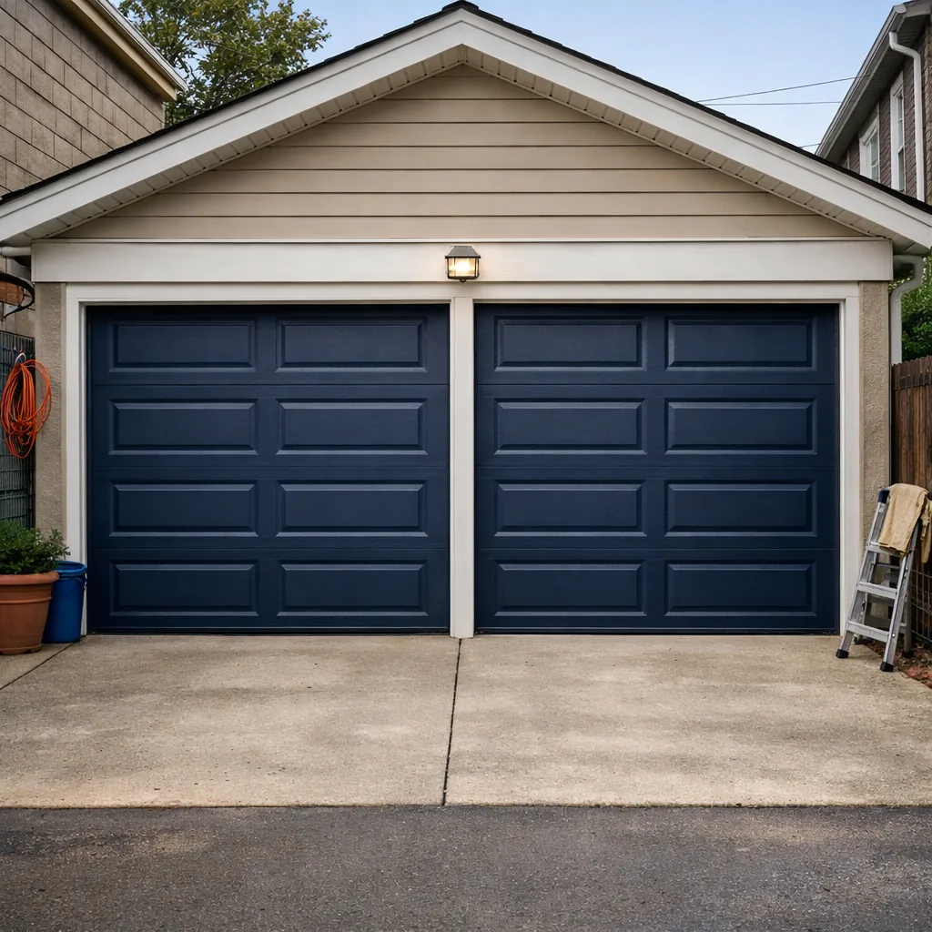 A two-car residential garage with two repaired sectional doors closed and level above a clean driveway