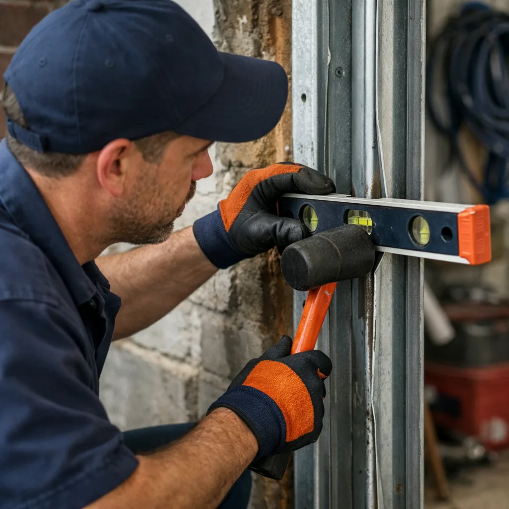 A technician straightening a bent vertical garage door track with a mallet and level