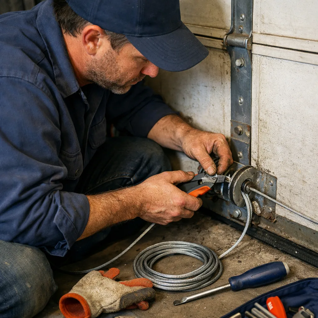 A technician replacing a lift cable on a residential garage door, kneeling by the bottom bracket with the door closed