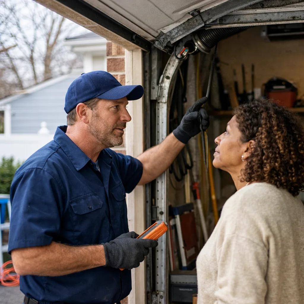 A technician in plain workwear explaining a repair to a homeowner beside an open garage door at a North Jersey house