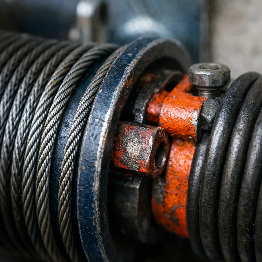Close-up of a lift cable seated on a drum next to a torsion spring