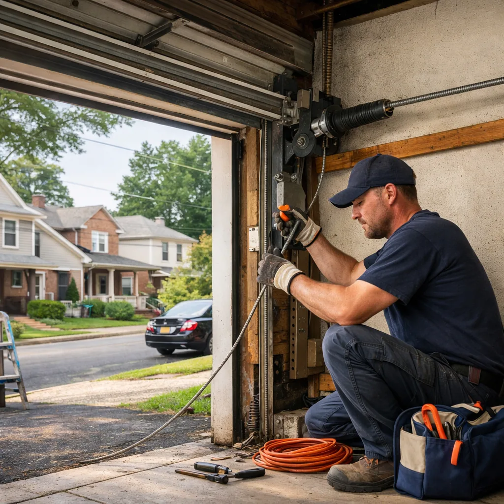 A technician in plain workwear repairing the spring and cable of a residential overhead garage door at a North Jersey home in daylight