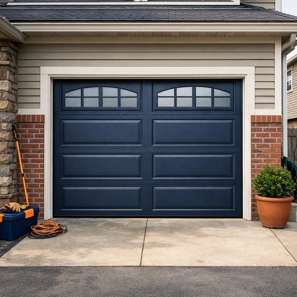 A repaired residential garage door standing straight and closed on a North Jersey home