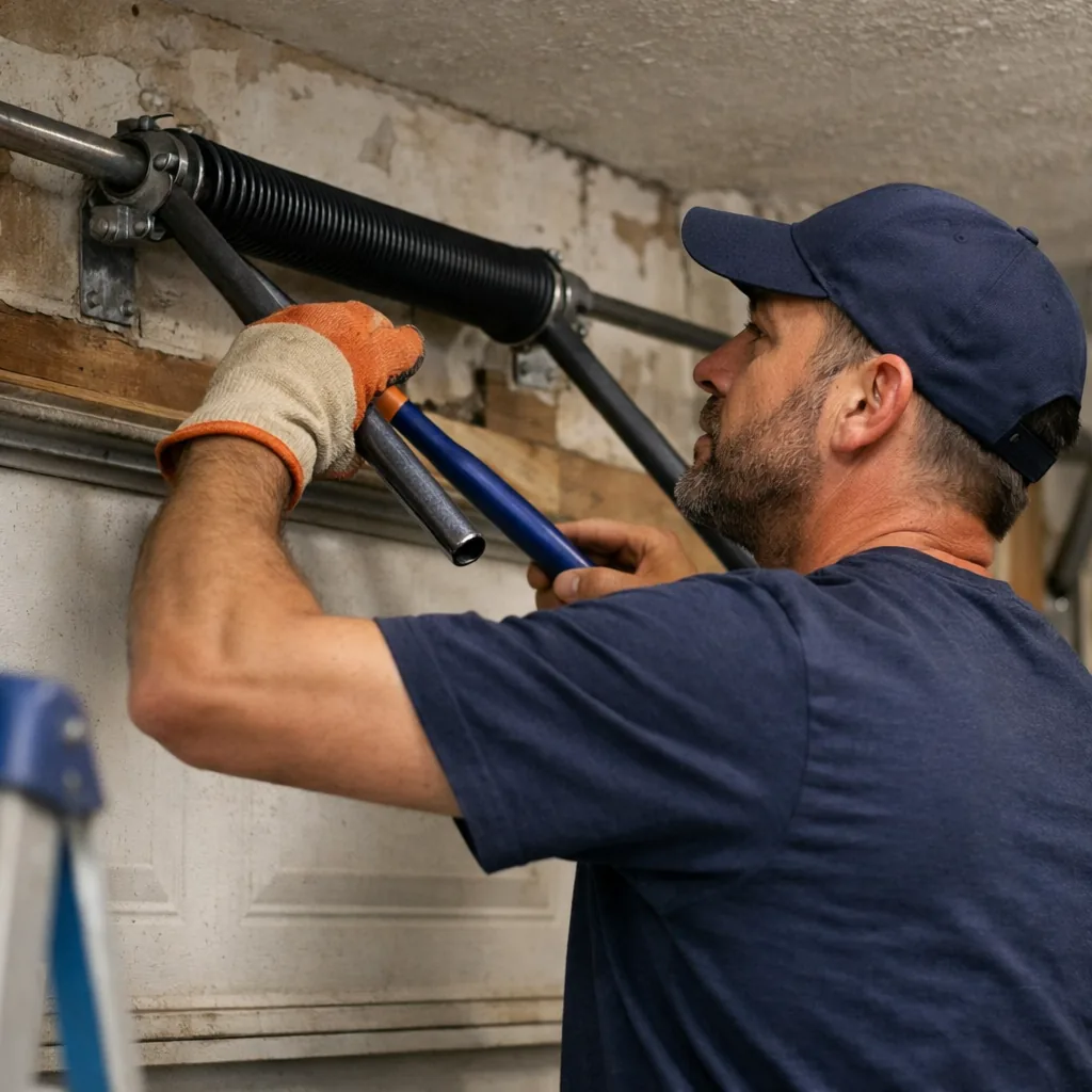A technician fitting a new torsion spring on a residential garage door with winding bars