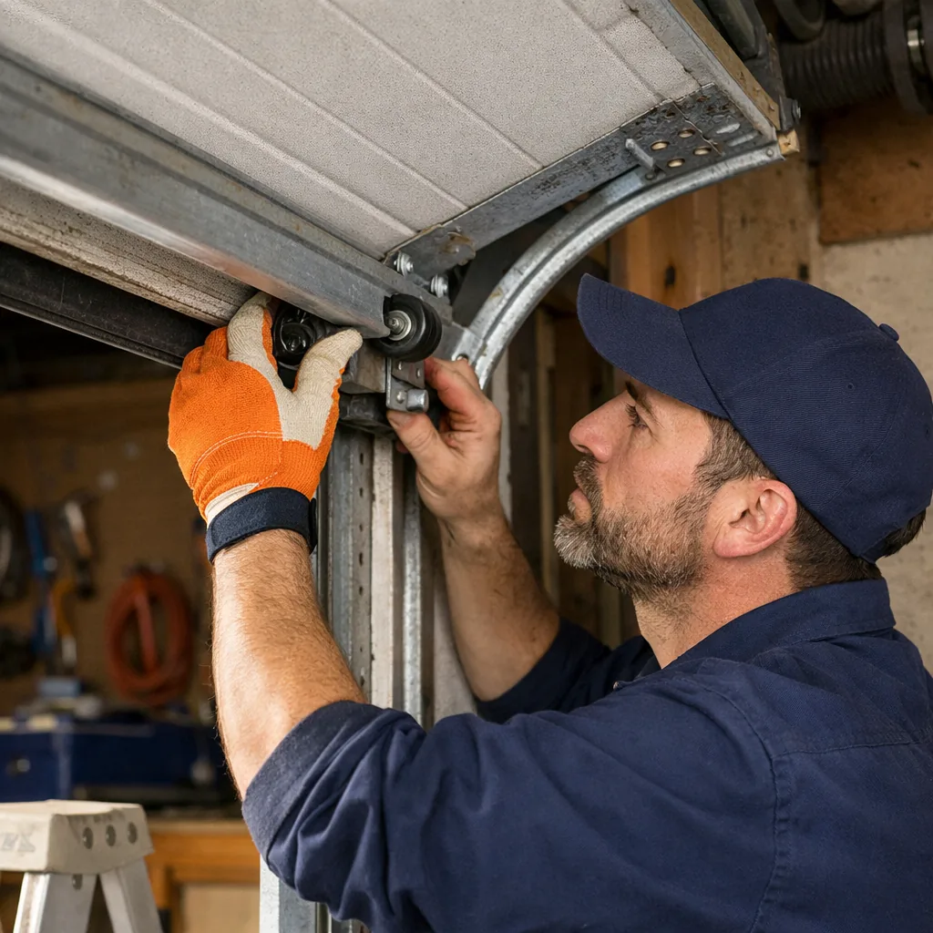 A technician checking the rollers and track of a residential overhead garage door, one hand on the track, door half raised