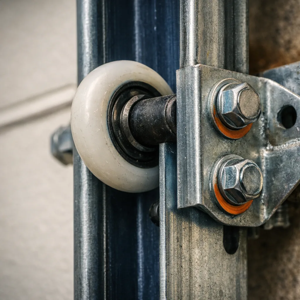 Close-up of a straightened vertical track with a roller seated and a freshly tightened bracket