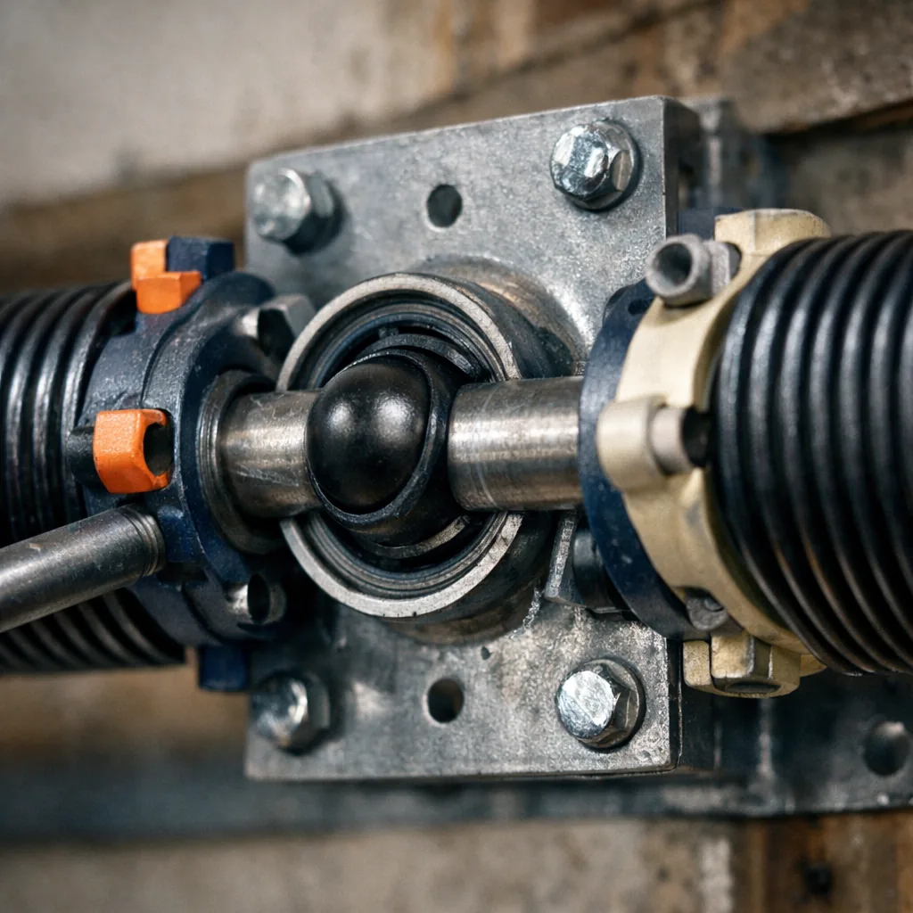 Close-up of a pair of new torsion springs on a steel shaft with winding cones and a center bearing plate