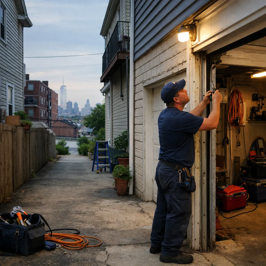 A technician in plain workwear inspecting the vertical track of a garage door on an older two-family house with a narrow driveway