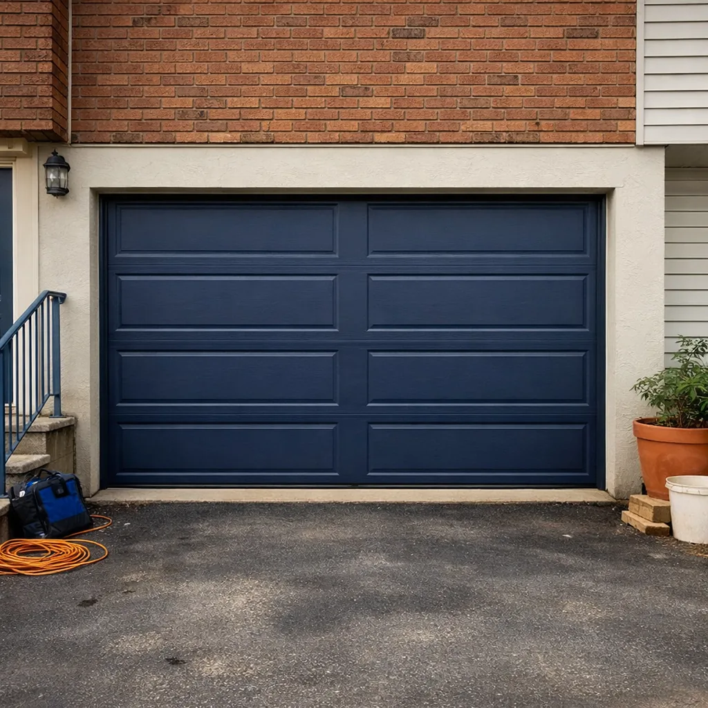A garage door on a two-family house shown closed and level after repair, with a driveway in front