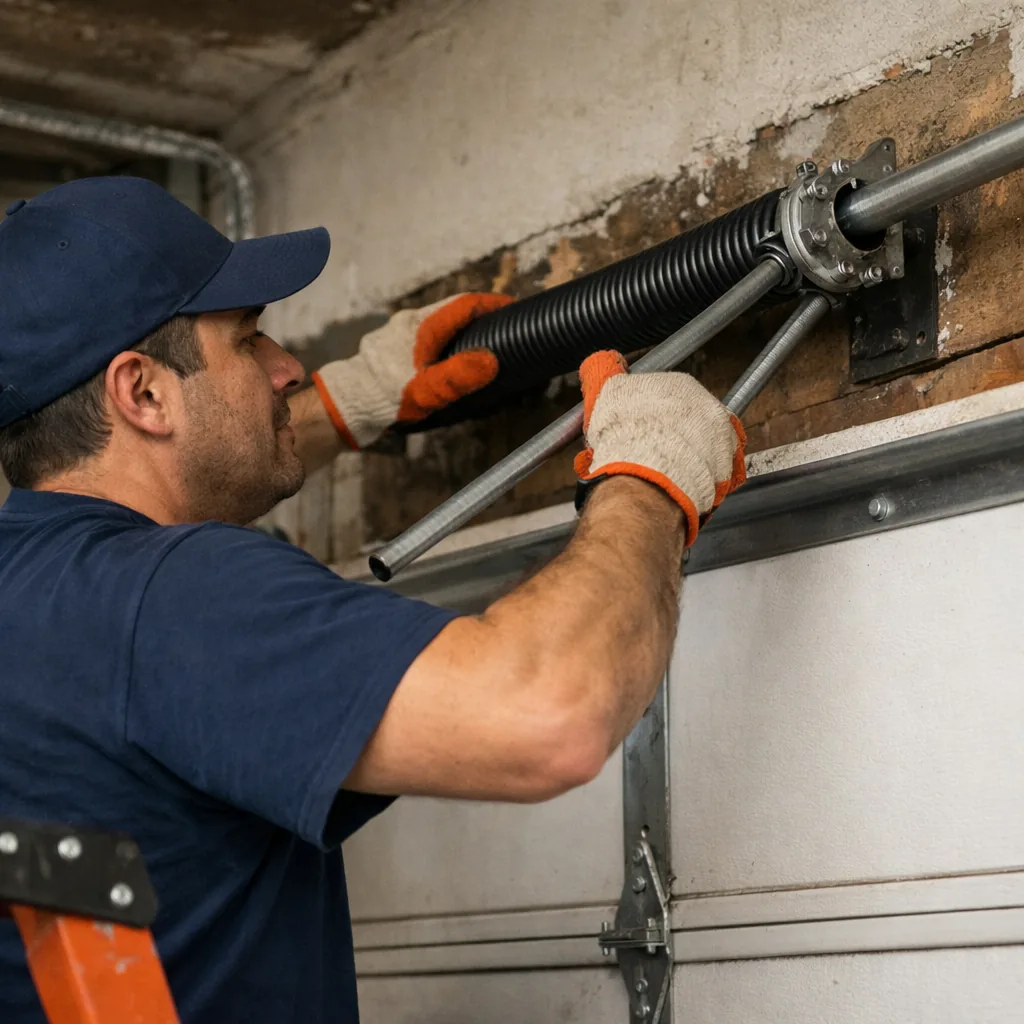 A technician in plain workwear winding a new torsion spring with winding bars above a sectional garage door