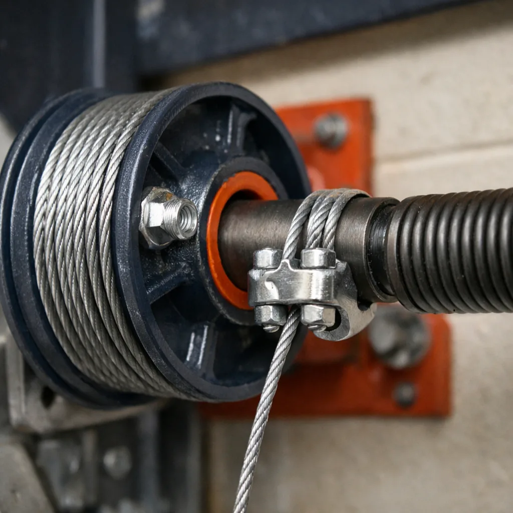 Close-up of a newly seated cable drum and lift cable on a torsion shaft, clean hardware