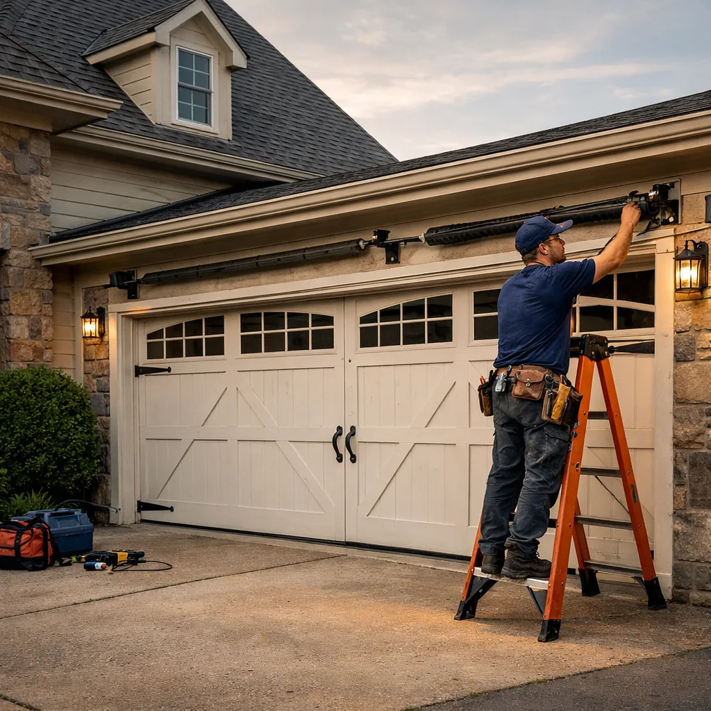 Wide exterior shot of a technician in plain workwear inspecting the upper track and spring of a carriage-style garage door on a large suburban home with a wide driveway
