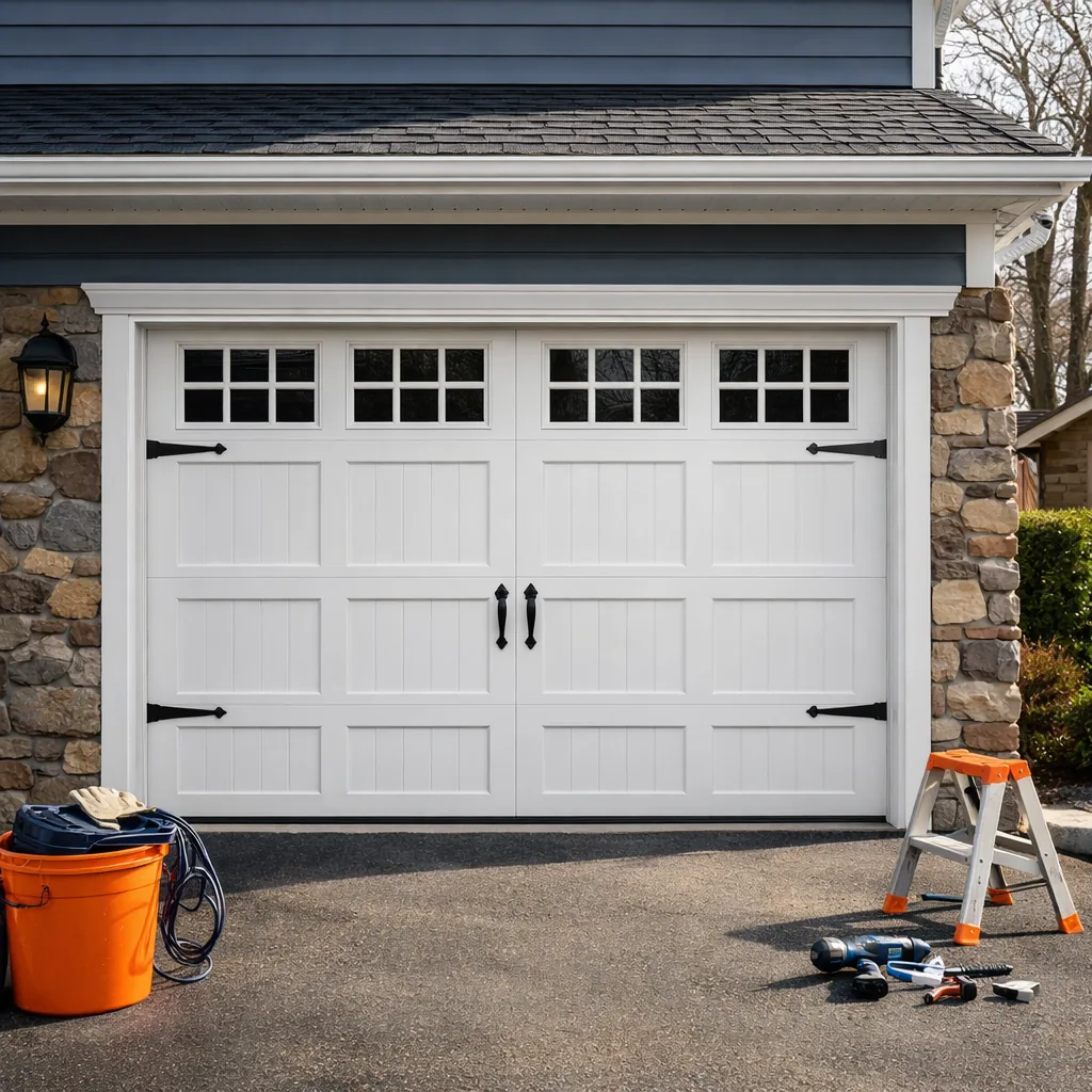 A repaired carriage-house style garage door closed and level on a large suburban house, clean paint, no signage or house numbers readable