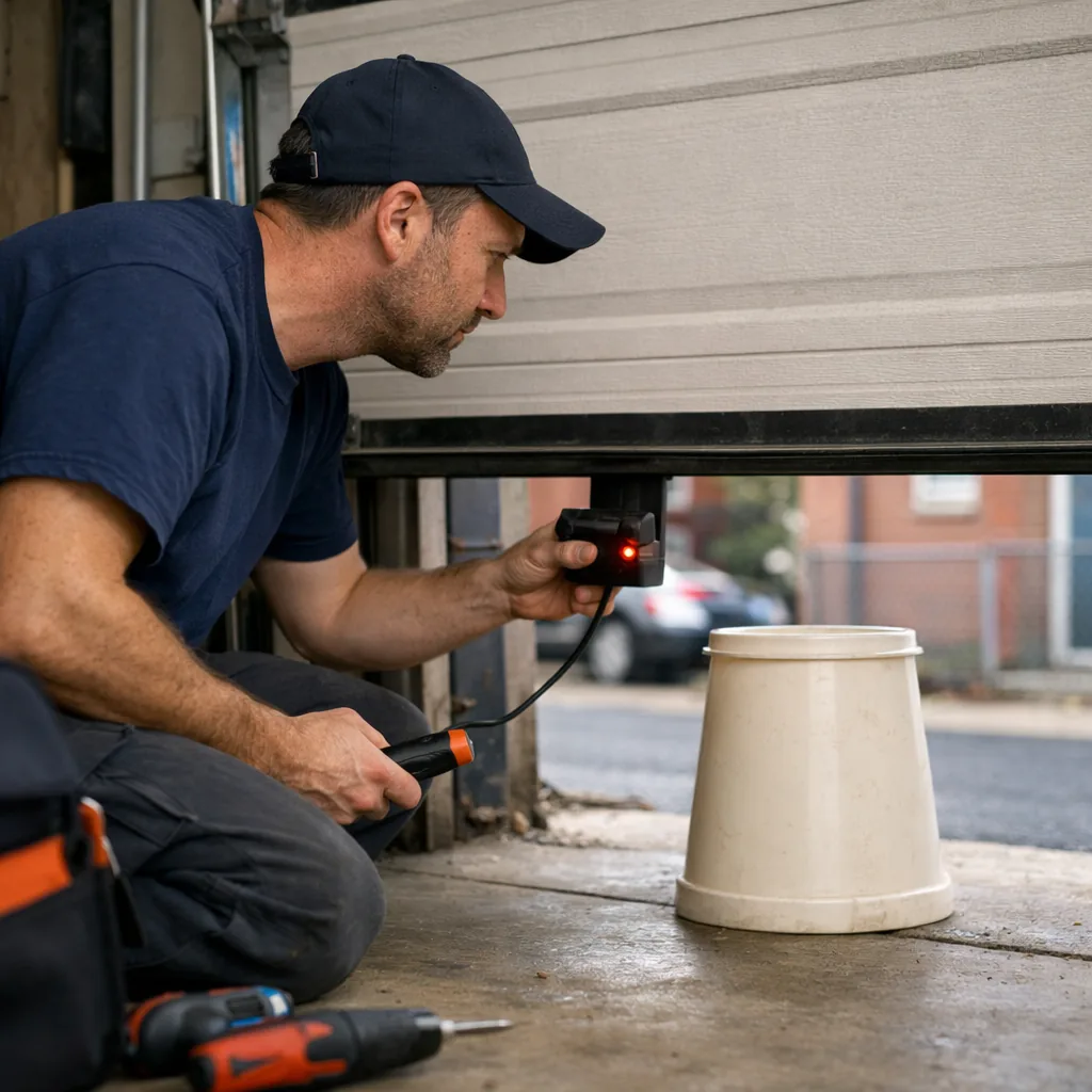 A technician in plain workwear testing the opener sensors and watching the door reverse as a test object is placed in its path