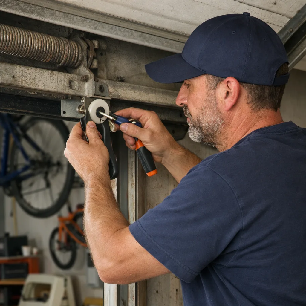 A technician in plain workwear replacing a worn roller on a garage door, the door partly raised, tidy garage with bicycles on the wall