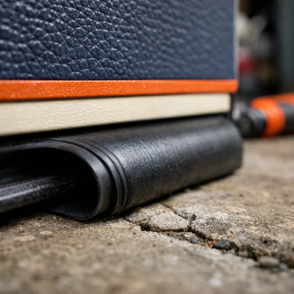 Close-up of the underside of a garage door with a new rubber seal pressed against a slightly uneven concrete floor