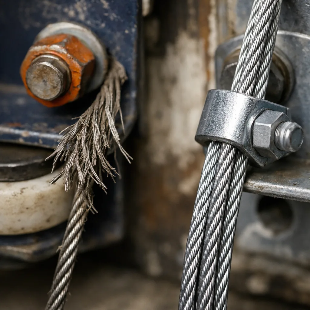 Close-up of a worn garage door lift cable fraying near the bottom bracket, beside a new cable ready to be fitted