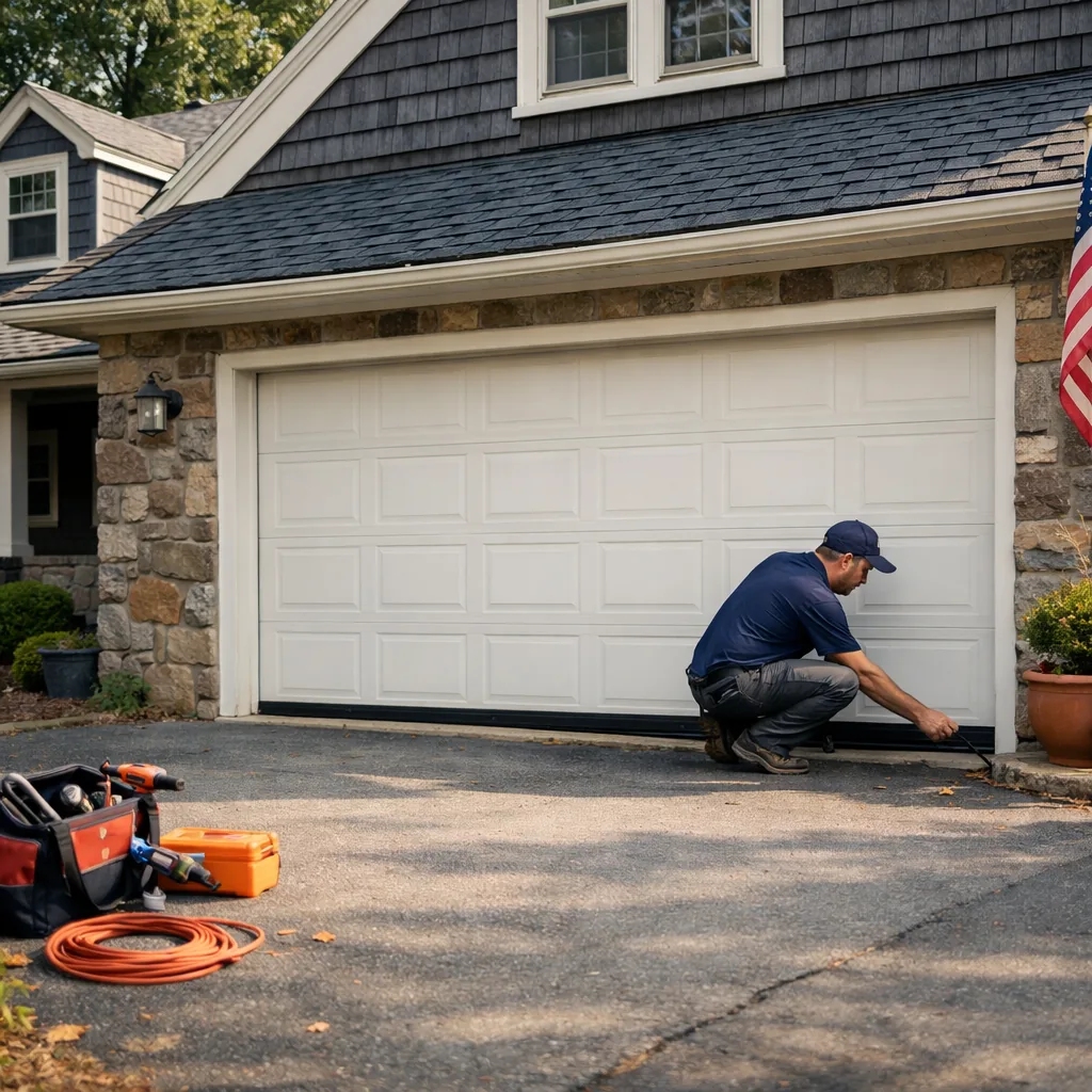 An older stone-and-shingle house with an attached garage on a gently sloping driveway, a technician in plain workwear at the closed garage door checking the bottom seal