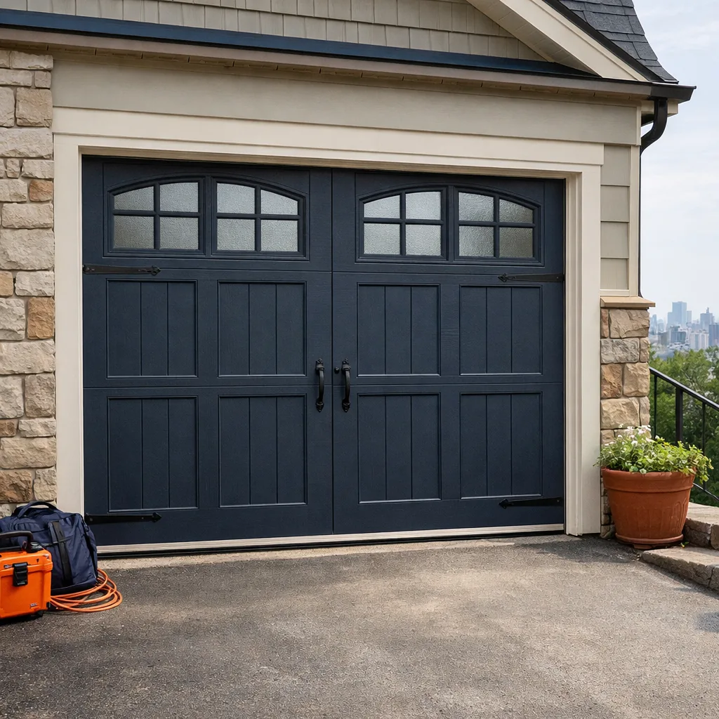 A carriage-style garage door on a hillside home, closed and square, with a tidy edge seal visible at the base